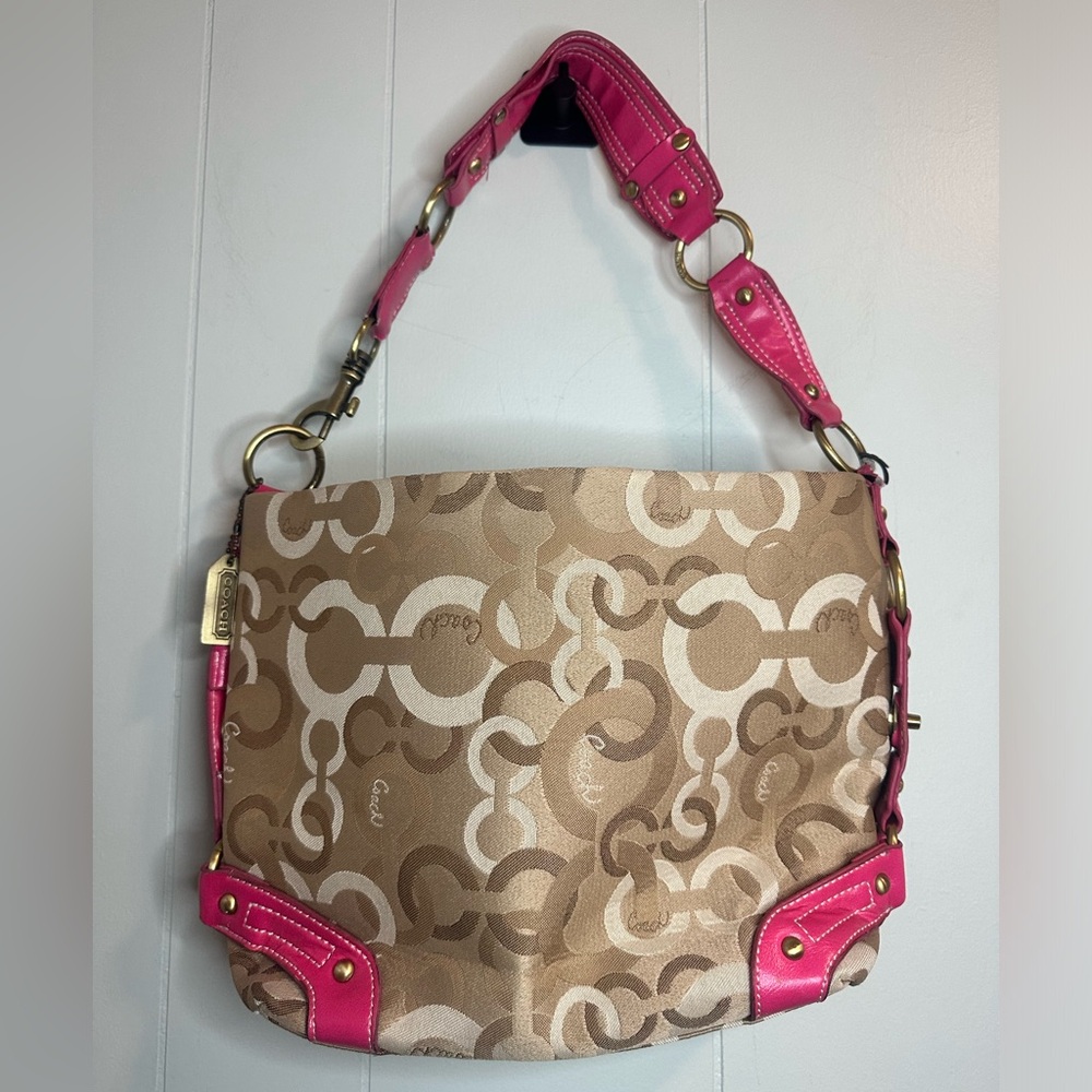 Coach Pink and Tan Shoulder Bag with Monogram Pattern